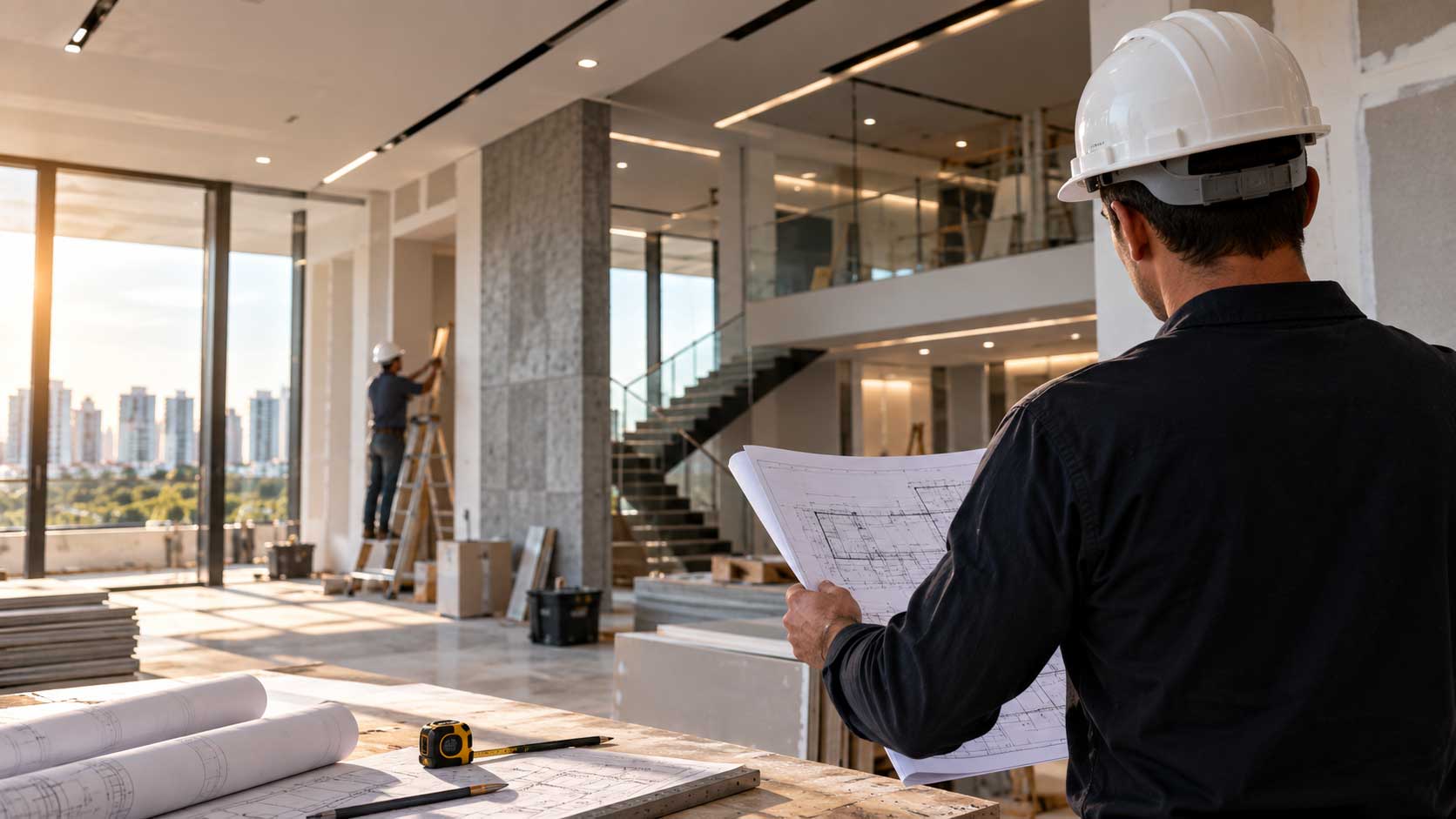Profissional analisando projeto de construção