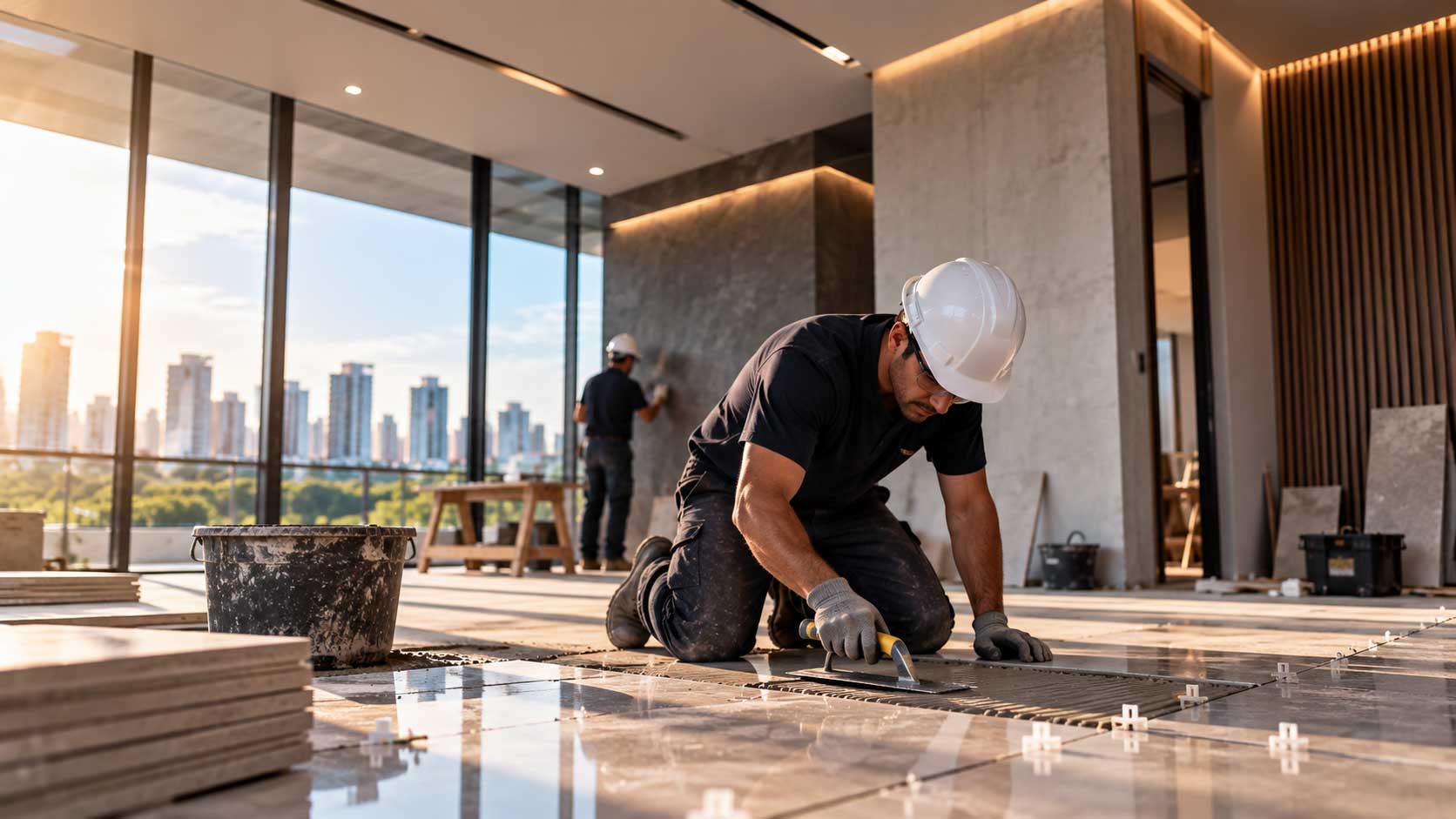 Profissional executando acabamento em obra